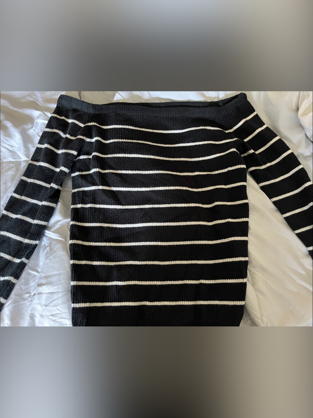American Eagle Outfitters Black and White Off-Shoulder Stripe Sweater